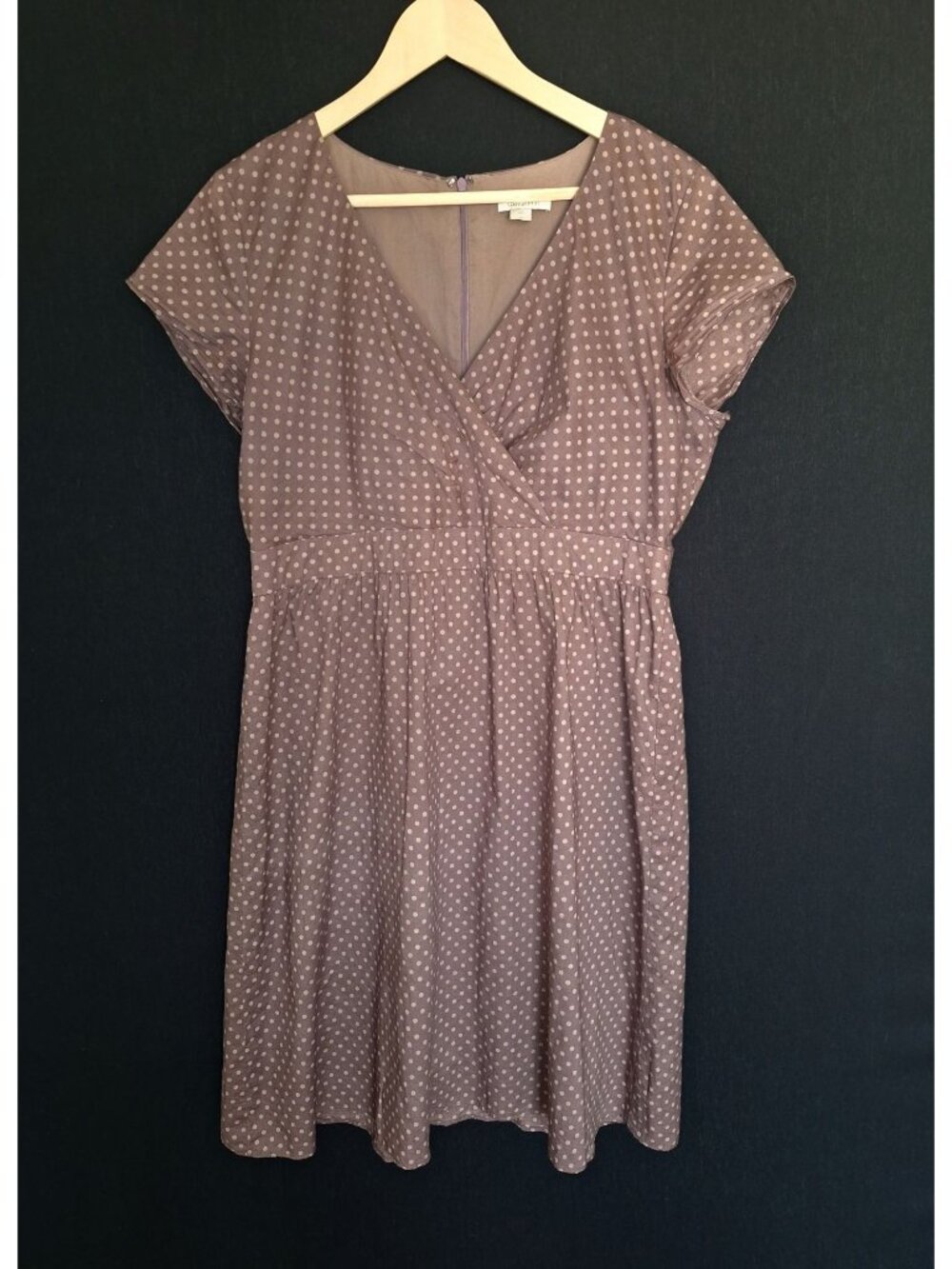 💙 Garnet Hill Women’s Mauve Polka Dot Dress Size 14 Wrap Style Short Sleeve Cot